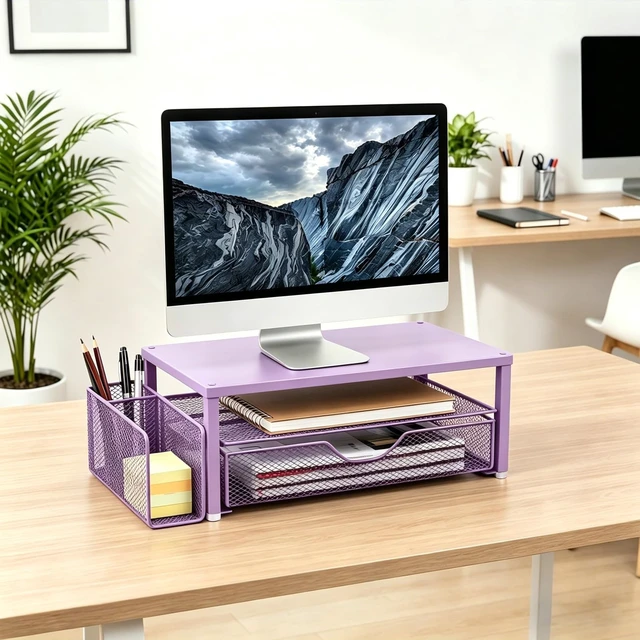 Alt view image 7 of 7 - Computer Monitor Stand with Drawer and Pen Holder, Purple Double layer storage Computer Stand Monitor Riser Office Organization for Desk