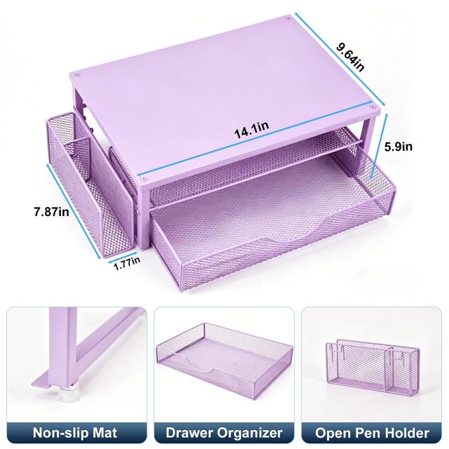 Alt view image 5 of 7 - Computer Monitor Stand with Drawer and Pen Holder, Purple Double layer storage Computer Stand Monitor Riser Office Organization for Desk