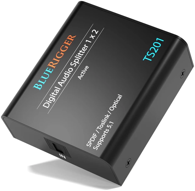 Main image of Digital Optical Audio Splitter (1x2 Active Toslink Splitter) Powered Digital Optical Splitter 1 In 2 Out (LPCM2.0, Dolby Digital, DTS 5.1) for Home Theatre, DVD, TV, Receiver, Sound Bar