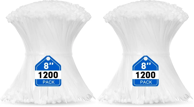 Main image of Zip Ties, 1200pcs Cable Zip Ties 8 Inch, Heavy Duty White Plastic Wire Ties with 50lb Tensile Strength, Self-Locking Nylon Cable Ties, Wire Management for Indoor and Outdoor (Pack of 2)