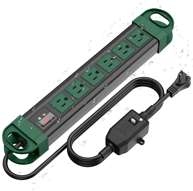 Main image of GFCI Outdoor Power Strip Weatherproof IPX6 Waterproof, Green 6FT Surge Protector 2700J with 6 Plug Extender Port, Exterior Long Extension Cord with Multiple Outlet for Garden Christmas Decor