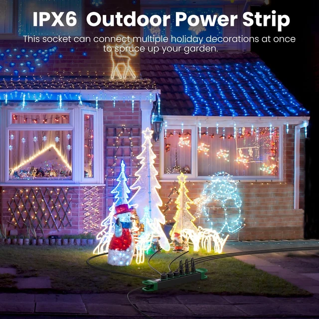 Alt view image 6 of 7 - GFCI Outdoor Power Strip Weatherproof IPX6 Waterproof, Green 6FT Surge Protector 2700J with 6 Plug Extender Port, Exterior Long Extension Cord with Multiple Outlet for Garden Christmas Decor