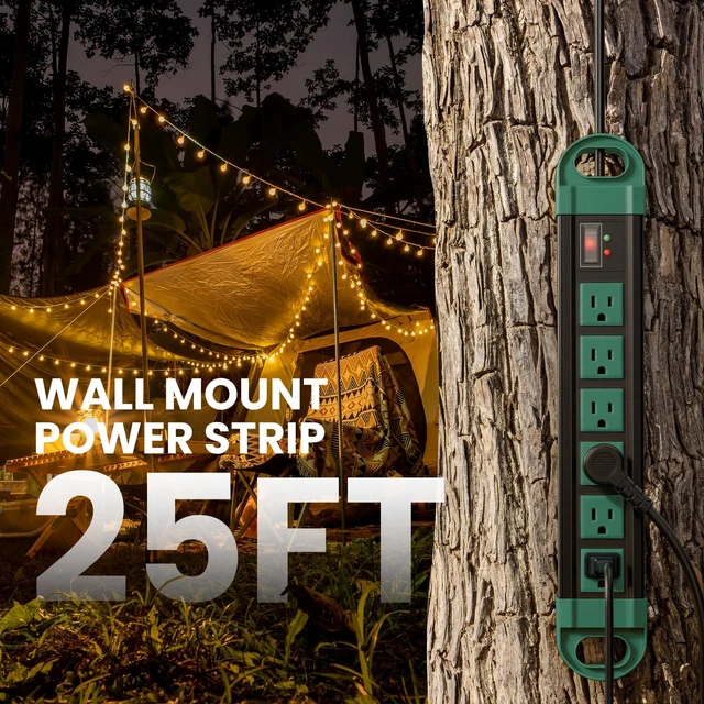 Alt view image 7 of 7 - GFCI Outdoor Power Strip Weatherproof IPX6 Waterproof, Green 25FT Surge Protector 2700J with 6 Plug Extender Port, Exterior Long Extension Cord with Multiple Outlet for Garden Christmas Decor