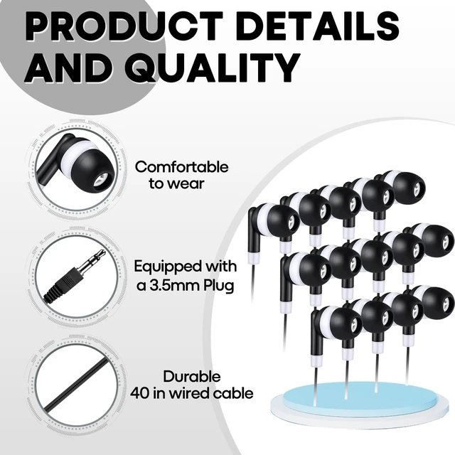 Alt view image 3 of 7 - Kids Earbuds for School Classroom 50 Pack,Wholesale Wired Bulk Earphones Class Set for Students Children Toddler Teens Boys Girls,Individually Bagged(HTC101,Black)