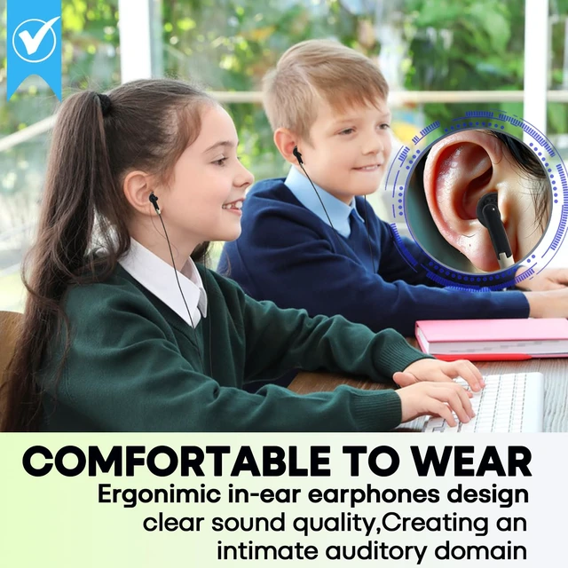 Alt view image 6 of 7 - Kids Earbuds for School Classroom 50 Pack,Wholesale Wired Bulk Earphones Class Set for Students Children Toddler Teens Boys Girls,Individually Bagged(HTC101,Black)