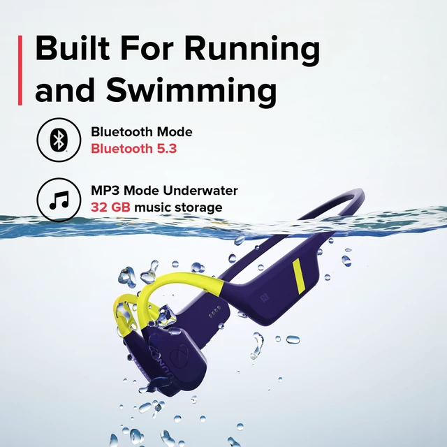 Alt view image 2 of 7 - Aqua Open Ear Bluetooth Swimming Bone Conduction Headphones, Blue 32GB MP3 Player, Head Movement Control, Dual-Mic, IP68 Waterproof, 30H Playtime w/Powerbank, Motion-detection features