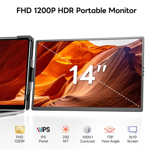 Alt view image 6 of 7 - 14" FHD 1200P Laptop Screen Extender for 14"-17.3" Laptop Portable Monitor Dual Travel Screen Monitor IPS Plug & Play, Laptop Screen Monitor Extender Compatible with Windows/Mac/Android&Chrome OS