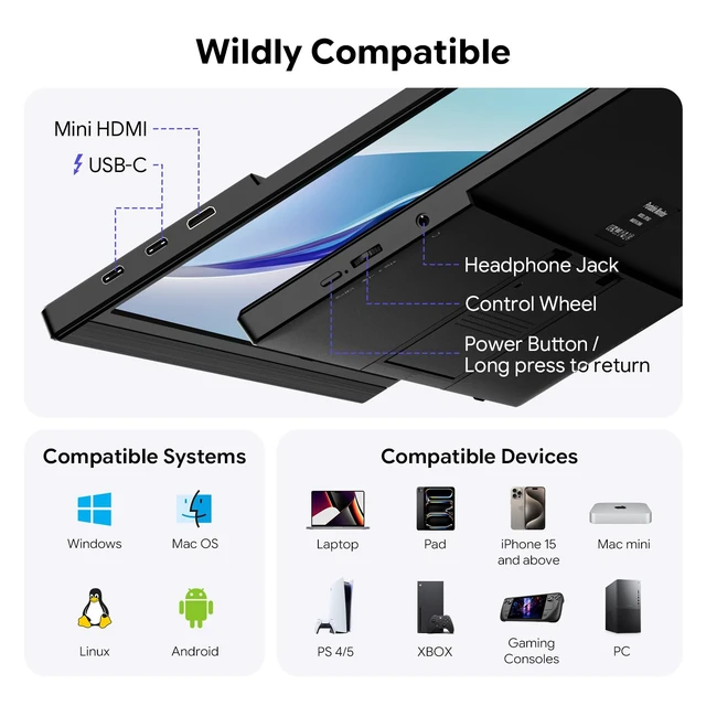 Alt view image 6 of 7 - 15.6" Portable Monitor with Stand FHD 1080P IPS Travel Monitor for Laptop Height Adjustable Tablet Stand&Protective Case Included,USB-C&HDMI Screen Extender for Laptop Mac PC Phone Xbox PS4/5 Switch