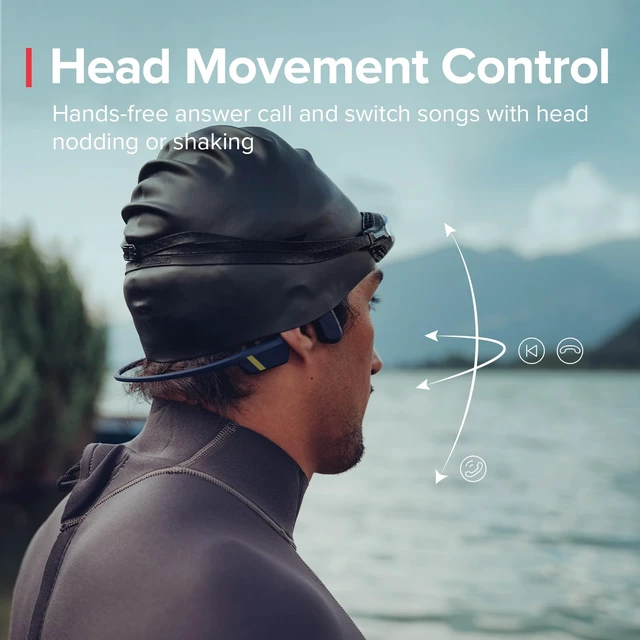 Alt view image 6 of 7 - Aqua Open Ear Bluetooth Swimming Bone Conduction Headphones, Blue 32GB MP3 Player, Head Movement Control, Dual-Mic, IP68 Waterproof, 30H Playtime w/Powerbank, Motion-detection features