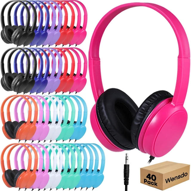 Main image of Classroom Headphones Bulk 40 Pack for School Students Kids K-12 Wired Durable Adjustable On-Ear Headsets 3.5mm Jack for Chromebook, Laptop, Library, Group Learning, Assorted Bright Colors