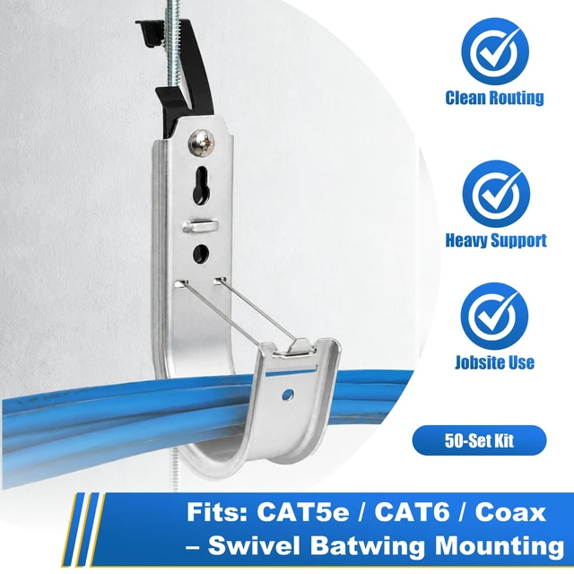 Alt view image 6 of 7 - 2" Galvanized Steel Batwing J Hooks with Retainer Clips 50 Pack Cable Supports for Ceiling Wire and Threaded Rod, CAT6, CAT5, Coax and Fiber Optic