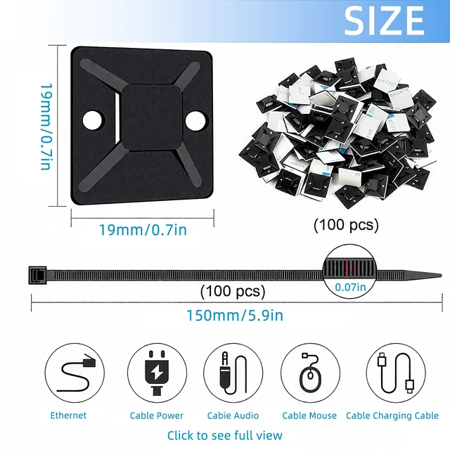 Alt view image 2 of 7 - Zip Tie Mounts - 1000 PCS Cable Self Adhesive Mounts Set for Wire Management with Stick Pads Anchors Clips Squares Holders (Black)