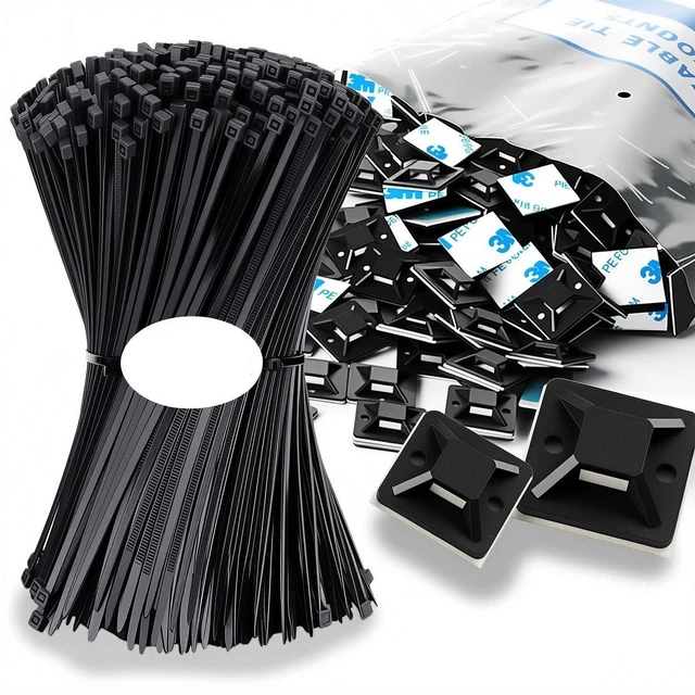 Main image of Zip Tie Mounts - 1000 PCS Cable Self Adhesive Mounts Set for Wire Management with Stick Pads Anchors Clips Squares Holders (Black)