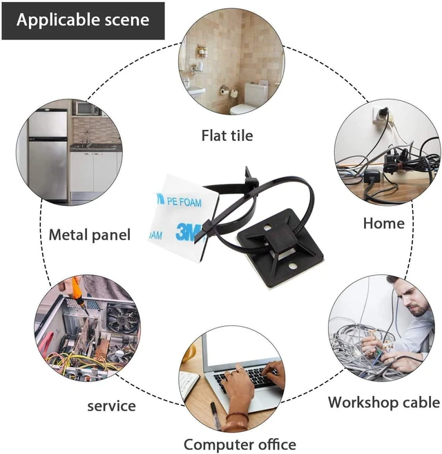 Alt view image 6 of 7 - Zip Tie Mounts - 1000 PCS Cable Self Adhesive Mounts Set for Wire Management with Stick Pads Anchors Clips Squares Holders (Black)
