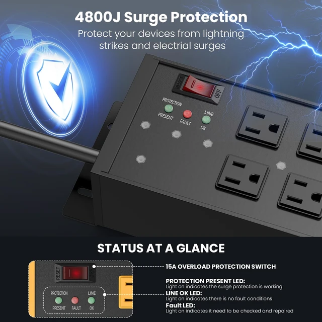 Alt view image 4 of 7 - EMI/RFI Filtering Surge Protector, 4 FT Flat Plug Cord, Black Heavy Duty Power Strip with Noise Isolated Banks, Wall Mount Metal 6 Outlets, 4800J Surge Protection, ETL Listed