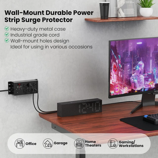 Alt view image 6 of 7 - EMI/RFI Filtering Surge Protector, 4 FT Flat Plug Cord, Black Heavy Duty Power Strip with Noise Isolated Banks, Wall Mount Metal 6 Outlets, 4800J Surge Protection, ETL Listed