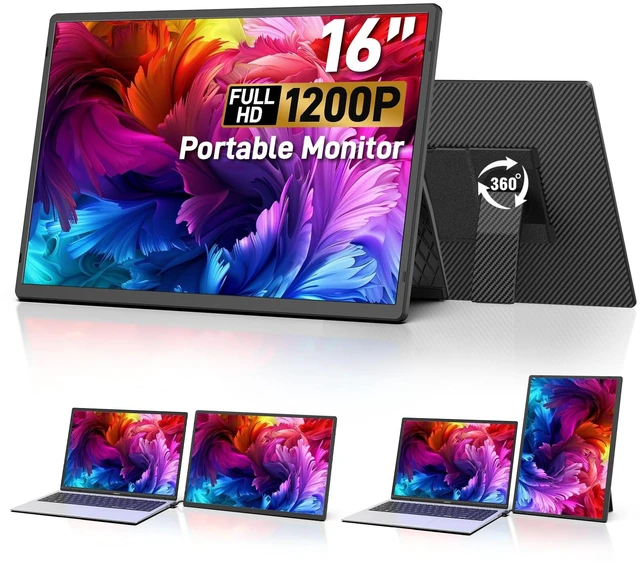 Main image of 16" Portable Monitor for Laptop, 1200P IPS Laptop Screen Extender Plug & Play Dual Monitor, 360° Rotating Stand, Ultra Slim Travel Monitor for Laptop, PC, MacBook, PS5