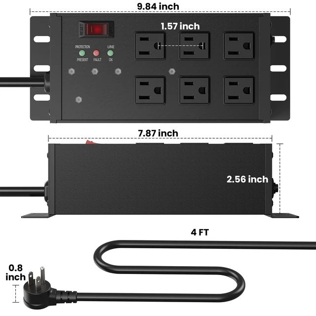 Alt view image 7 of 7 - EMI/RFI Filtering Surge Protector, 4 FT Flat Plug Cord, Black Heavy Duty Power Strip with Noise Isolated Banks, Wall Mount Metal 6 Outlets, 4800J Surge Protection, ETL Listed