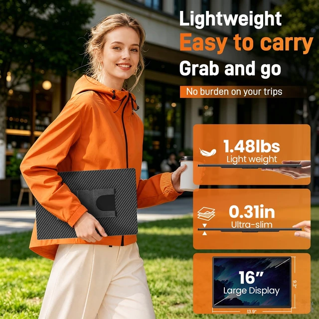 Alt view image 3 of 7 - 16" Portable Monitor for Laptop, 1200P IPS Laptop Screen Extender Plug & Play Dual Monitor, 360° Rotating Stand, Ultra Slim Travel Monitor for Laptop, PC, MacBook, PS5