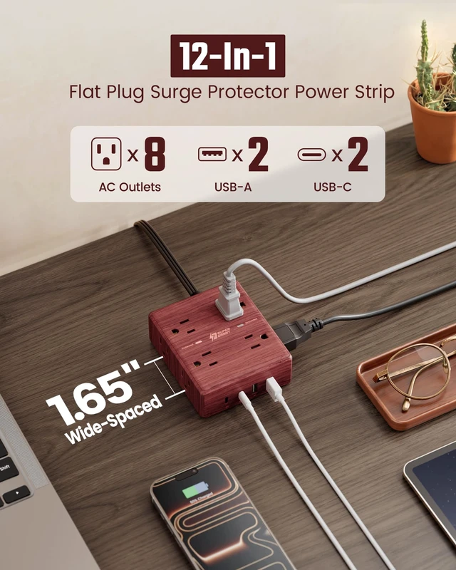Alt view image 2 of 7 - Brown Extension Cord 10Ft, Flat Plug Power Strip Surge Protector Outlet Extender with 8 Outlet 4 USB(2 USB C), Decorative Wood Charging Station for Home Office Desk Accessories, Walnut Wood