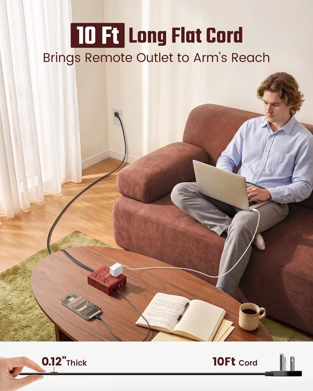 Alt view image 3 of 7 - Brown Extension Cord 10Ft, Flat Plug Power Strip Surge Protector Outlet Extender with 8 Outlet 4 USB(2 USB C), Decorative Wood Charging Station for Home Office Desk Accessories, Walnut Wood