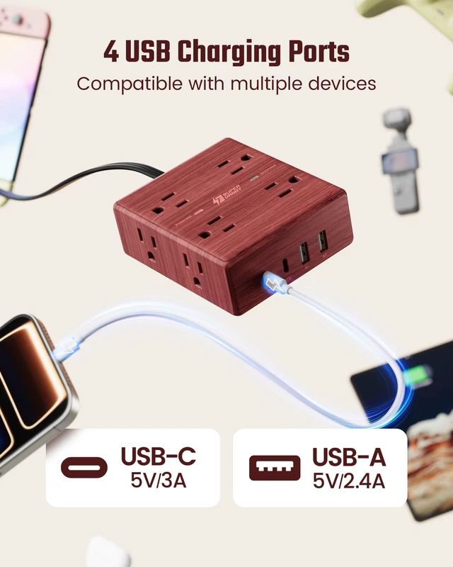 Alt view image 5 of 7 - Brown Extension Cord 10Ft, Flat Plug Power Strip Surge Protector Outlet Extender with 8 Outlet 4 USB(2 USB C), Decorative Wood Charging Station for Home Office Desk Accessories, Walnut Wood
