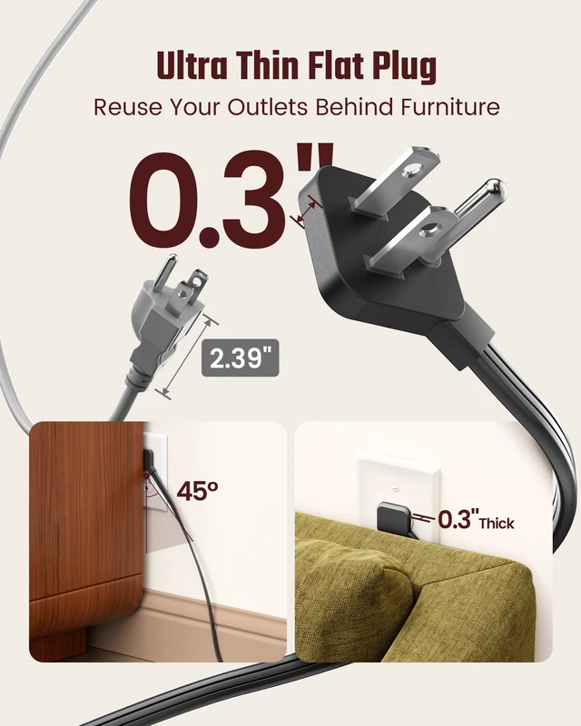 Alt view image 4 of 7 - Brown Extension Cord 10Ft, Flat Plug Power Strip Surge Protector Outlet Extender with 8 Outlet 4 USB(2 USB C), Decorative Wood Charging Station for Home Office Desk Accessories, Walnut Wood