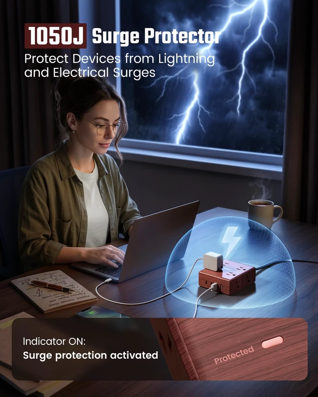 Alt view image 6 of 7 - Brown Extension Cord 10Ft, Flat Plug Power Strip Surge Protector Outlet Extender with 8 Outlet 4 USB(2 USB C), Decorative Wood Charging Station for Home Office Desk Accessories, Walnut Wood