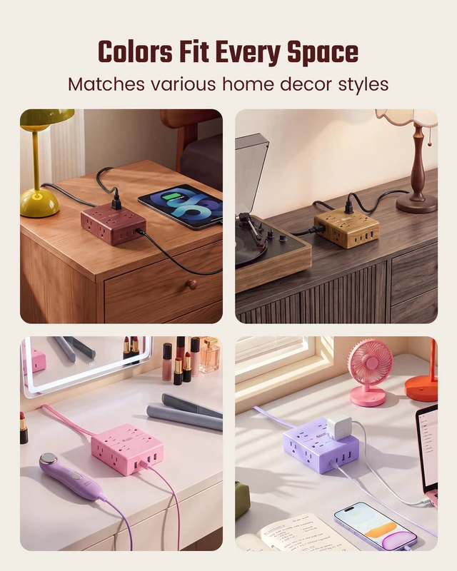 Alt view image 7 of 7 - Brown Extension Cord 10Ft, Flat Plug Power Strip Surge Protector Outlet Extender with 8 Outlet 4 USB(2 USB C), Decorative Wood Charging Station for Home Office Desk Accessories, Walnut Wood