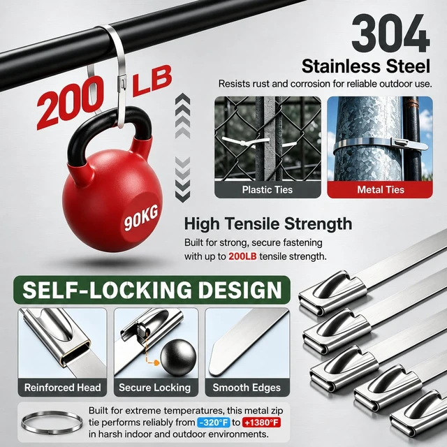 Alt view image 6 of 7 - 155PCS Heavy Duty 304 Stainless Steel Cable Tie Gun Kit, Includes 150PCS Metal Zip Ties(3 Sizes), Self-Locking, UV & Corrosion Resistant, for Fence, Exhaust Pipe, Chicken Coop, Farm Use (Black)