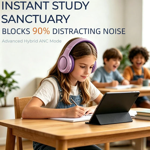 Alt view image 3 of 7 - Hybrid Active Noise Cancelling Headphones, 72H Play Time, Deep Bass Bluetooth 6.0, Over Ear ANC Headphones Wireless for Girls Ladies Travel/Airplane/Office (Purple)