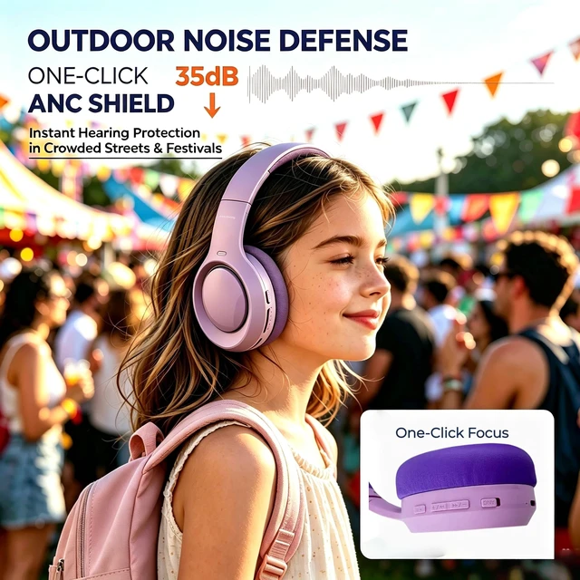 Alt view image 6 of 7 - Hybrid Active Noise Cancelling Headphones, 72H Play Time, Deep Bass Bluetooth 6.0, Over Ear ANC Headphones Wireless for Girls Ladies Travel/Airplane/Office (Purple)
