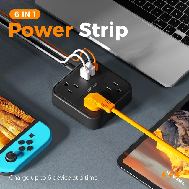 Alt view image 2 of 7 - Slim Power Strip with Ultra Thin Flat Extension Cord 5 FTBlack 1 USB C and 2 USB A Ports, Flat Plug Wall Charger with 3 Outlets for Office, School, Dorm Room Essentials