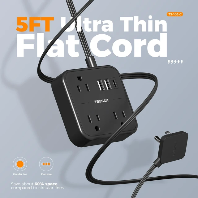 Alt view image 3 of 7 - Slim Power Strip with Ultra Thin Flat Extension Cord 5 FTBlack 1 USB C and 2 USB A Ports, Flat Plug Wall Charger with 3 Outlets for Office, School, Dorm Room Essentials