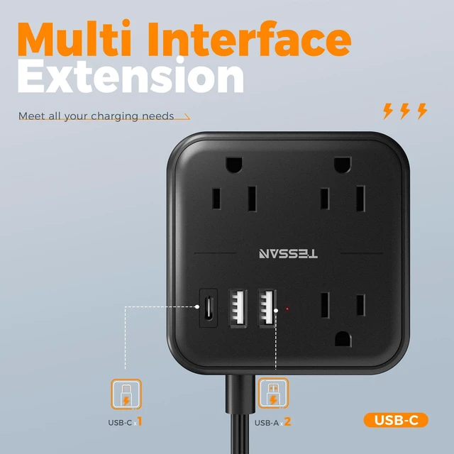 Alt view image 4 of 7 - Slim Power Strip with Ultra Thin Flat Extension Cord 5 FTBlack 1 USB C and 2 USB A Ports, Flat Plug Wall Charger with 3 Outlets for Office, School, Dorm Room Essentials