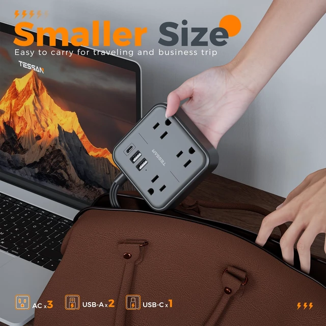 Alt view image 7 of 7 - Slim Power Strip with Ultra Thin Flat Extension Cord 5 FTBlack 1 USB C and 2 USB A Ports, Flat Plug Wall Charger with 3 Outlets for Office, School, Dorm Room Essentials