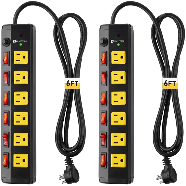 Main image of 2Pcs Heavy Duty Surge Protector,6 Outlets Individual Switches,6FT/15A Surge Protector with 1200J,Flat Plug Design,Wall Mountable Metal Power Strip for Appliance,Workshop,Garage-14AWG/1875W