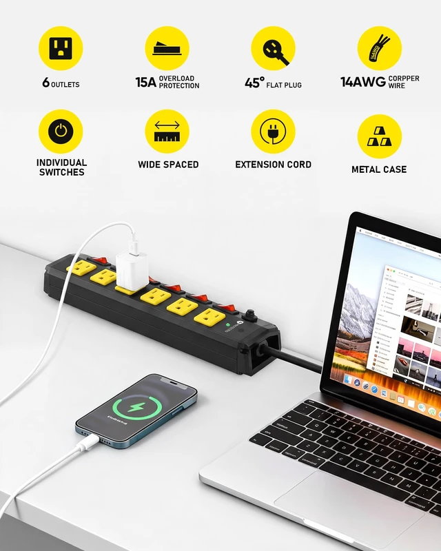 Alt view image 2 of 7 - 2Pcs Heavy Duty Surge Protector,6 Outlets Individual Switches,6FT/15A Surge Protector with 1200J,Flat Plug Design,Wall Mountable Metal Power Strip for Appliance,Workshop,Garage-14AWG/1875W