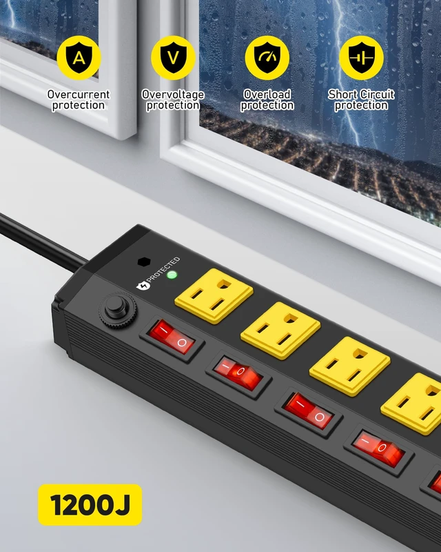 Alt view image 3 of 7 - 2Pcs Heavy Duty Surge Protector,6 Outlets Individual Switches,6FT/15A Surge Protector with 1200J,Flat Plug Design,Wall Mountable Metal Power Strip for Appliance,Workshop,Garage-14AWG/1875W