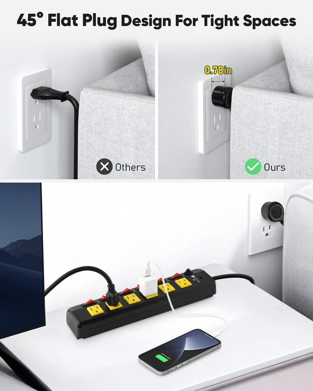 Alt view image 4 of 7 - 2Pcs Heavy Duty Surge Protector,6 Outlets Individual Switches,6FT/15A Surge Protector with 1200J,Flat Plug Design,Wall Mountable Metal Power Strip for Appliance,Workshop,Garage-14AWG/1875W