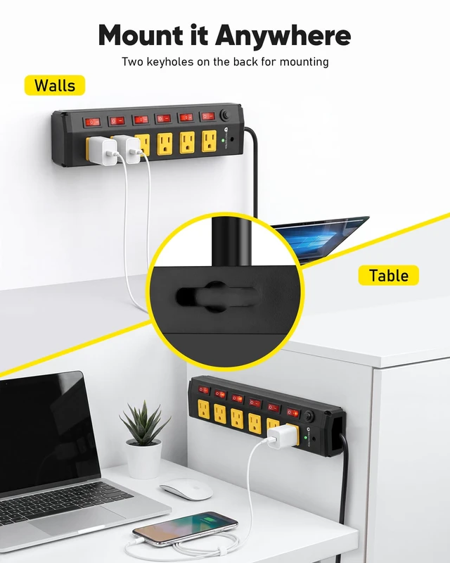 Alt view image 5 of 7 - 2Pcs Heavy Duty Surge Protector,6 Outlets Individual Switches,6FT/15A Surge Protector with 1200J,Flat Plug Design,Wall Mountable Metal Power Strip for Appliance,Workshop,Garage-14AWG/1875W