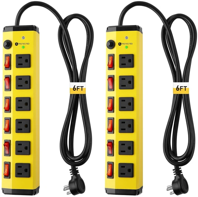 Main image of 2Pack Heavy Duty Power Strip Surge Protector,Individual Switches,6FT 6 Outlet Surge Protector with 1200J,Flat Plug Design,Wall Mountable Metal Power Strip for Appliance,Workshop,Garage,1875W/ETL
