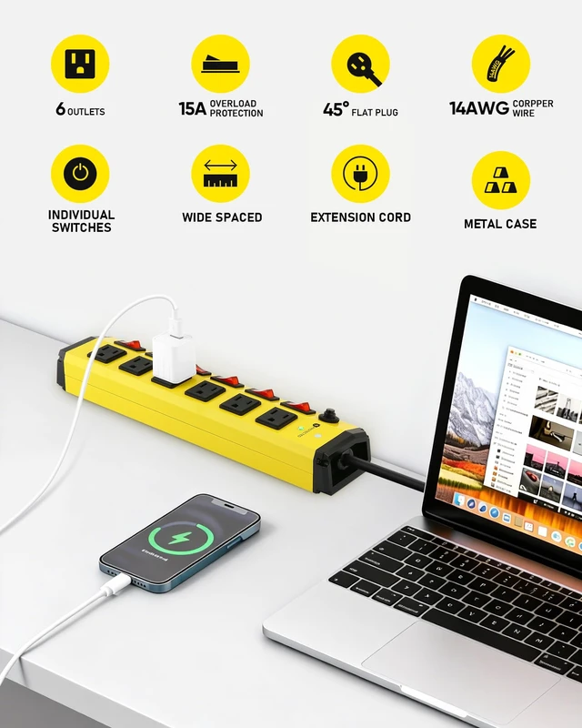 Alt view image 2 of 7 - 2Pack Heavy Duty Power Strip Surge Protector,Individual Switches,6FT 6 Outlet Surge Protector with 1200J,Flat Plug Design,Wall Mountable Metal Power Strip for Appliance,Workshop,Garage,1875W/ETL
