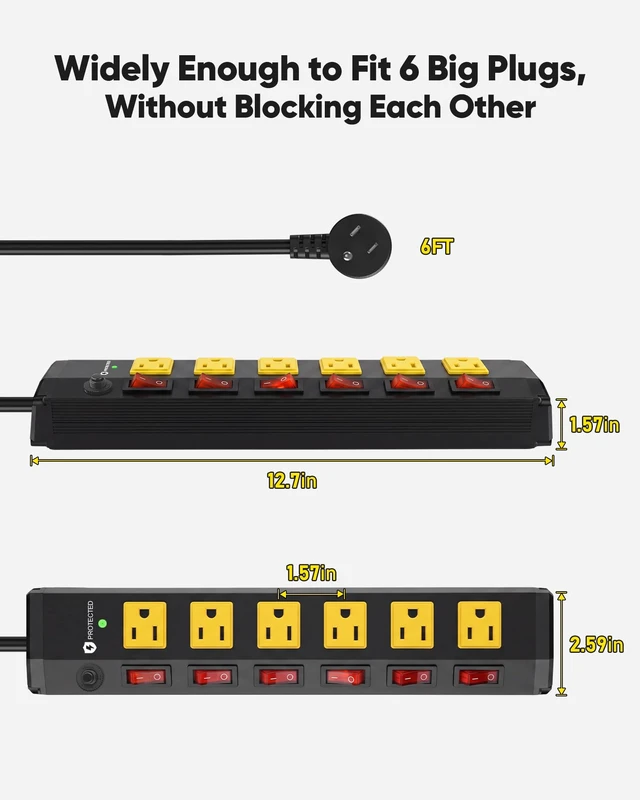 Alt view image 6 of 7 - 2Pcs Heavy Duty Surge Protector,6 Outlets Individual Switches,6FT/15A Surge Protector with 1200J,Flat Plug Design,Wall Mountable Metal Power Strip for Appliance,Workshop,Garage-14AWG/1875W