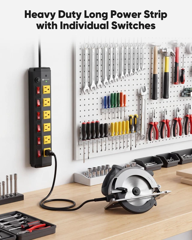 Alt view image 7 of 7 - 2Pcs Heavy Duty Surge Protector,6 Outlets Individual Switches,6FT/15A Surge Protector with 1200J,Flat Plug Design,Wall Mountable Metal Power Strip for Appliance,Workshop,Garage-14AWG/1875W