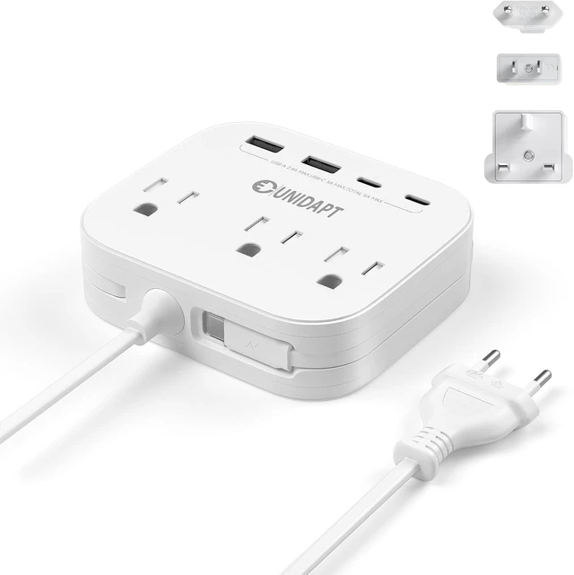 Main image of Cruise Approved Power Strip, Non Surge, US to Europe Plug Adapter USB-C Cord, 4 USB Ports, 3 AC Outlets, 5ft Extension, Wall Mountable European Travel Adaptor for Ship Cabin, Home
