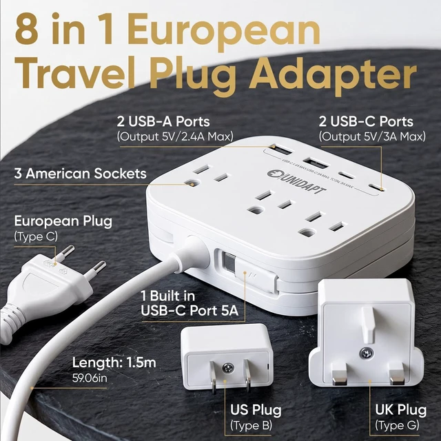 Alt view image 2 of 7 - Cruise Approved Power Strip, Non Surge, US to Europe Plug Adapter USB-C Cord, 4 USB Ports, 3 AC Outlets, 5ft Extension, Wall Mountable European Travel Adaptor for Ship Cabin, Home