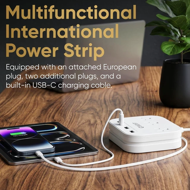 Alt view image 3 of 7 - Cruise Approved Power Strip, Non Surge, US to Europe Plug Adapter USB-C Cord, 4 USB Ports, 3 AC Outlets, 5ft Extension, Wall Mountable European Travel Adaptor for Ship Cabin, Home