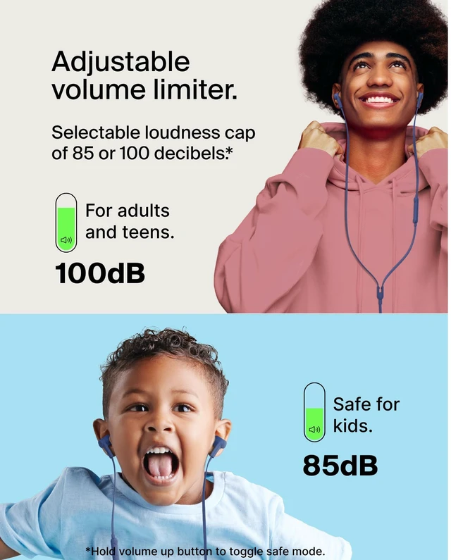 Alt view image 2 of 7 - USB-C Wired Earbuds, Adjustable Volume Limiter, IPX5 In-ear headphones for kids and adults, 85-100dB safe sound, flat tangle-free cable, school, travel, USB-C devices