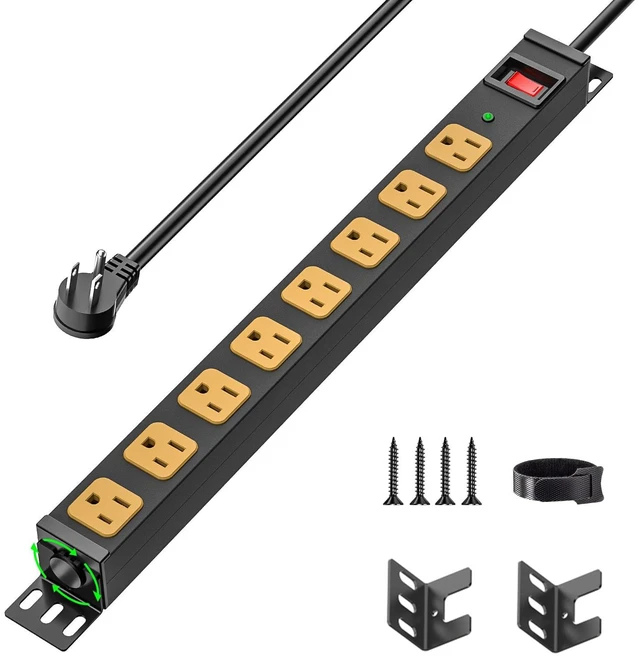Main image of 8 Outlet 360° Rotate Heavy Duty Metal Power Strip 15A/1875W, 6FT Cord 2100 Joules Surge Protector Power Strip, Perfect for Garage Wokeshop Home Office School
